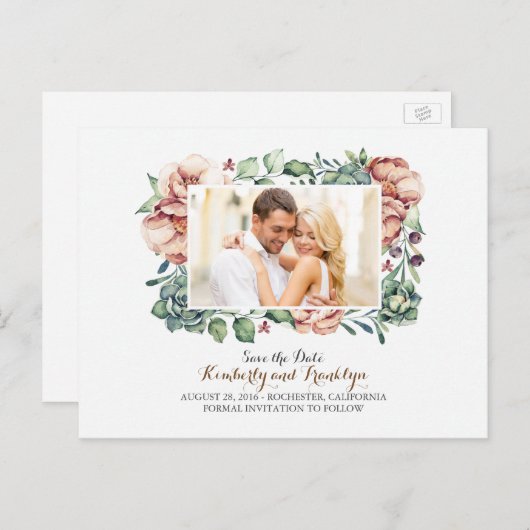 アイボリーの花と多肉植物の写真を保存 案内ポストカード (正面/裏面)