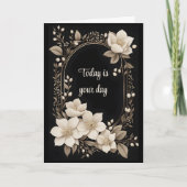 アイボリーの花と金ゴールドフレーム誕生日 カード (正面)
