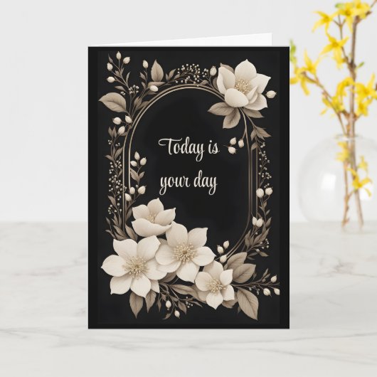 アイボリーの花と金ゴールドフレーム誕生日 カード (黄色い花)