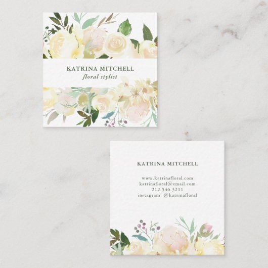 アイボリーの花の水彩画 スクエア名刺 (正面/裏面)