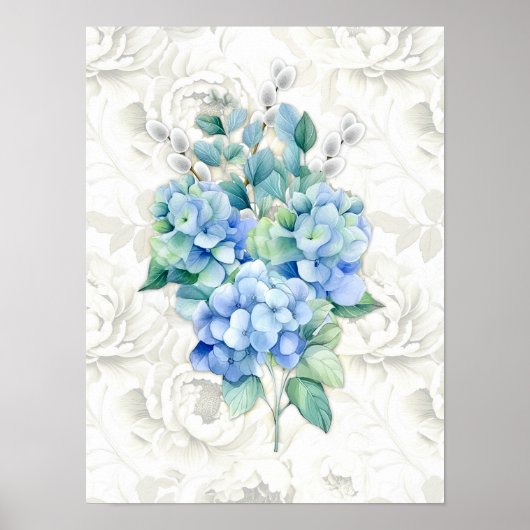 アイボリーの花柄の背景にブルーハイドランジアの植物画 ポスター (正面)