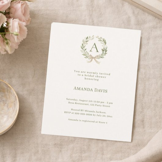 アイボリーの花輪の弓のモノグラム　ブライダルシャワーの招待状