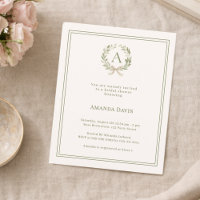 アイボリーの花輪モノグラムの結婚前お茶会の招待状