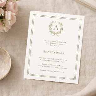 アイボリーの花輪モノグラムの結婚前お茶会の招待状