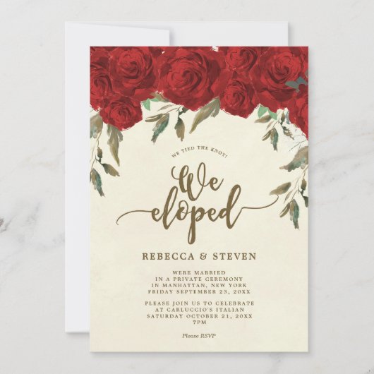 アイボリーの赤いバラのモダン私達は招待駆け落ちしました 招待状 (正面)
