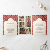 アイボリーの赤いパターンすべて一つのインディアン結婚 三つ折り招待状 (内部)