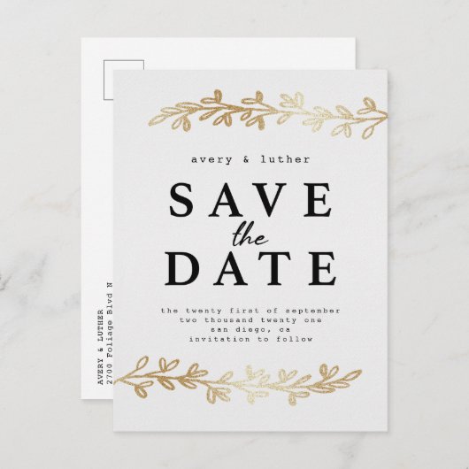 アイボリーの金ゴールドの群葉の保存日付 案内ポストカード (正面/裏面)