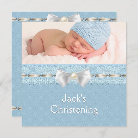 アイボリーアイレットリボンボーイズブルー《キリスト教》洗礼式や命名式 招待状 (正面/裏面)