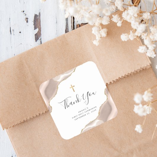 アイボリーアゲート金ゴールドグリッターファーストホーリーコミュニオン スクエアシール