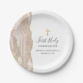 アイボリーアゲート金ゴールドグリッターファーストホーリーコミュニオン ペーパープレート (正面)