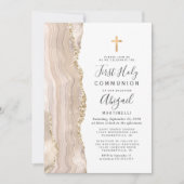 アイボリーアゲート金ゴールドグリッターファーストホーリーコミュニオン 招待状 (正面)