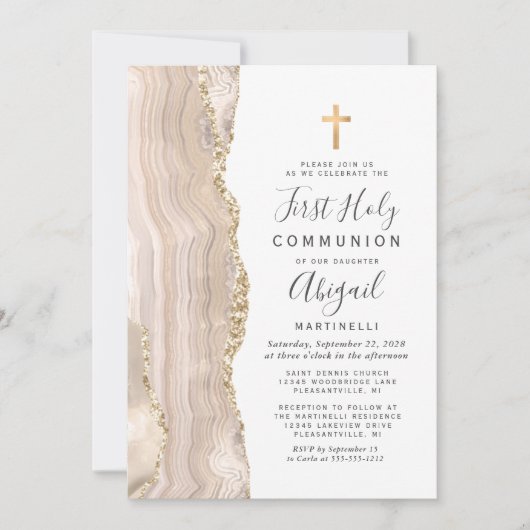 アイボリーアゲート金ゴールドグリッターファーストホーリーコミュニオン 招待状 (正面)