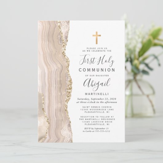 アイボリーアゲート金ゴールドグリッターファーストホーリーコミュニオン 招待状 (スタンド正面)