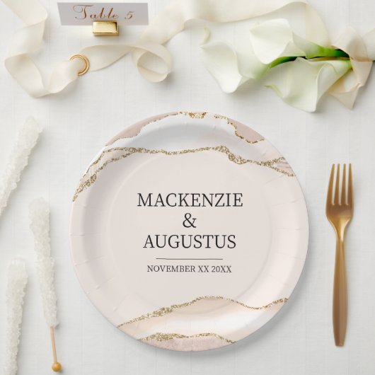 アイボリーアゲート&金ゴールドグリッター新郎新婦結婚ズ ペーパープレート (ウェディング)