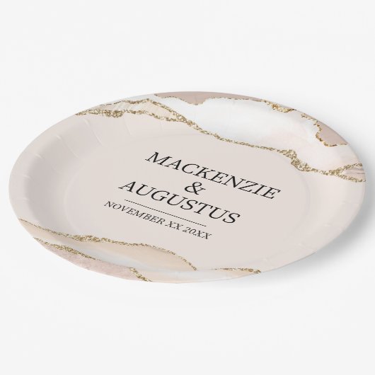 アイボリーアゲート&金ゴールドグリッター新郎新婦結婚ズ ペーパープレート (アングル)