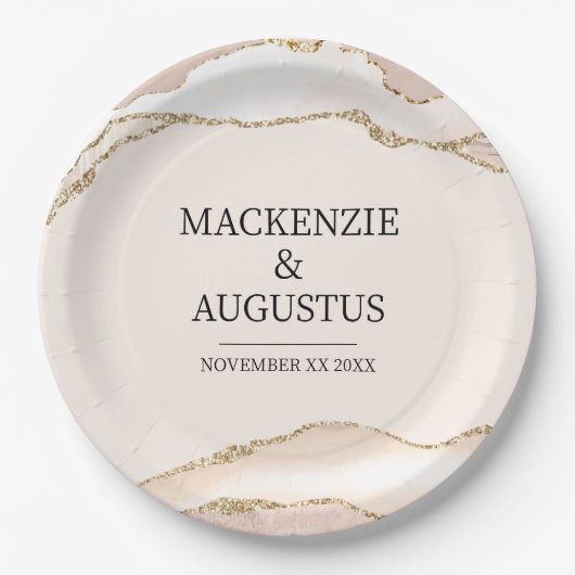 アイボリーアゲート&金ゴールドグリッター新郎新婦結婚ズ ペーパープレート (正面)