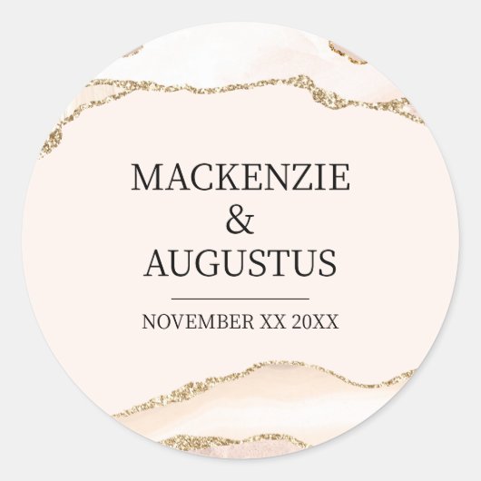 アイボリーアゲート&金ゴールドグリッター新郎新婦結婚ズ ラウンドシール (正面)