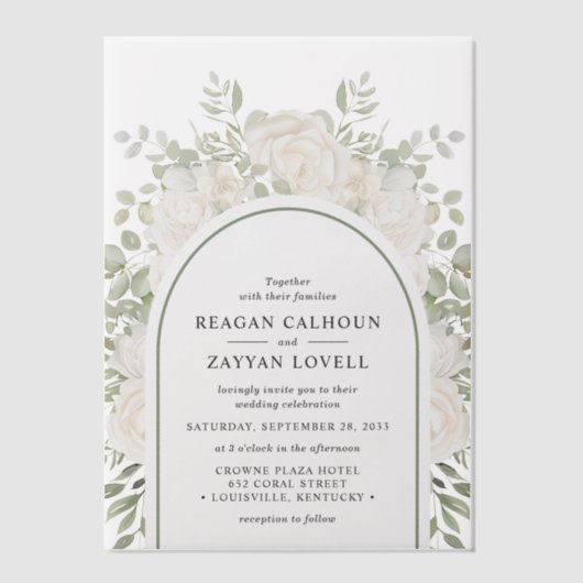 アイボリーアンドセージエレガントアーチフローラズ ベラム紙招待状 (正面)