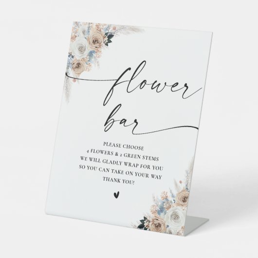 アイボリーアンドブルーボホブライダルシャワーフラワーバー標識 台座サイン (正面)