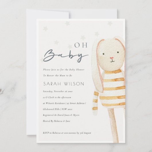 アイボリーイエローバニーソフトトイOhベビーシャワー招待状 サンキューカード (正面)
