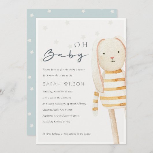 アイボリーイエローバニーソフトトイOhベビーシャワー招待状 サンキューカード (正面/裏面)