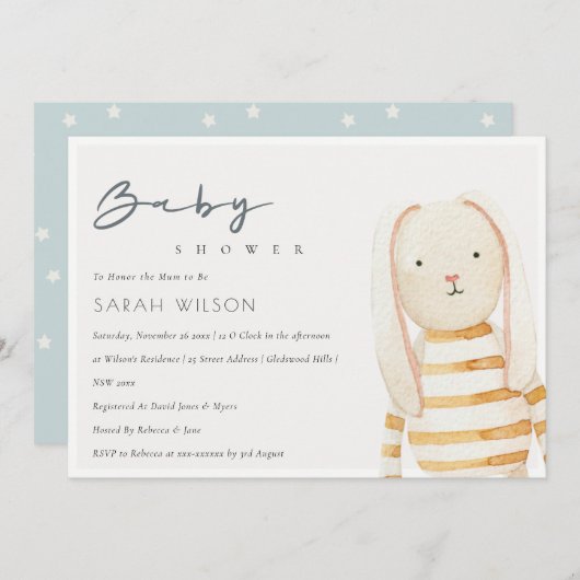 アイボリーイエローバニーソフト玩具ベビーシャワー招待状 サンキューカード (正面/裏面)