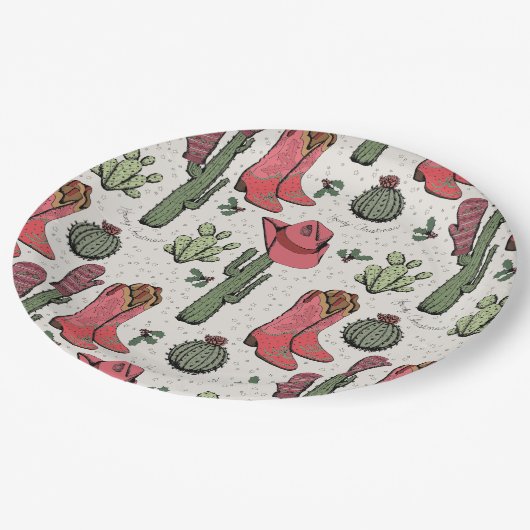 アイボリーウェスタンクリスマス女性のカーボーイブーツハウディクリスマス ペーパープレート (アングル)