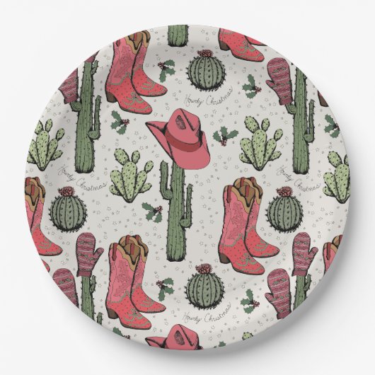 アイボリーウェスタンクリスマス女性のカーボーイブーツハウディクリスマス ペーパープレート (正面)