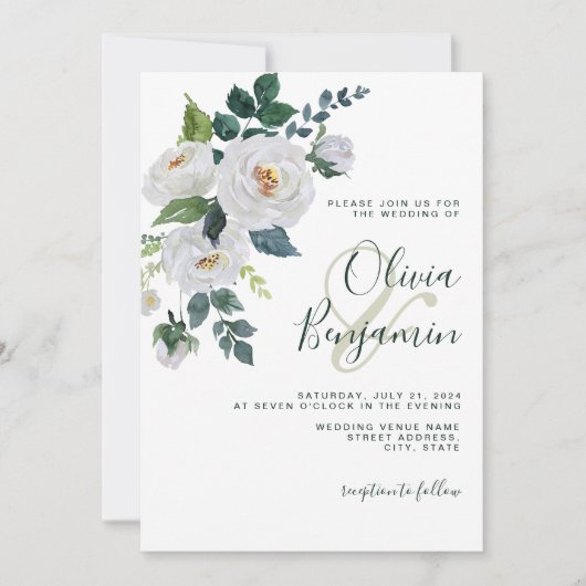アイボリーエメラルドグリーンホワイトフローラエレガントウェディング 招待状 (正面)