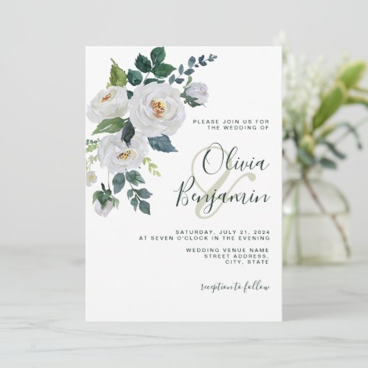 アイボリーエメラルドグリーンホワイトフローラエレガントウェディング 招待状 (スタンド正面)