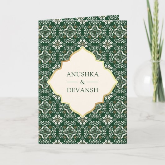 アイボリーエメラルドパターン全て一インディアン結婚 招待状 (正面)