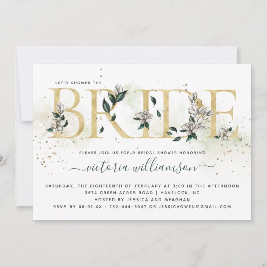 アイボリーエメラルド金ゴールドマグノリアフローラブライダルシャワー 招待状 (正面)