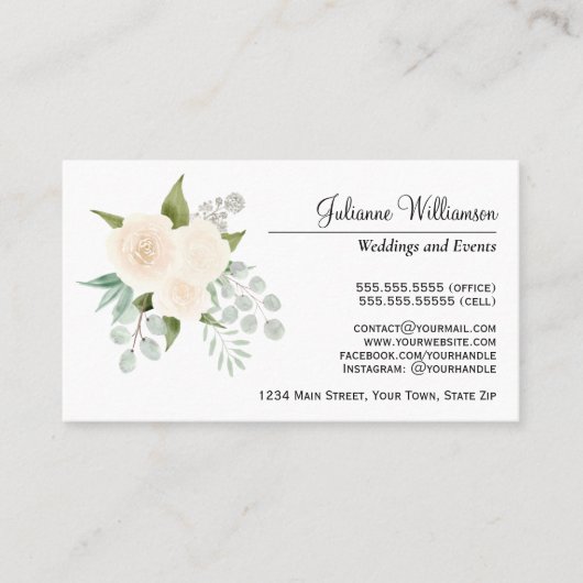 アイボリーエレガントまたはピーチウォーターの色のバラと緑 名刺 (正面)