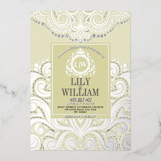 アイボリーエレガントアートデコダイアモンドモノグラ結婚ム 箔招待状 (正面)