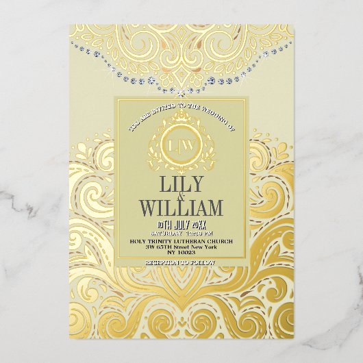 アイボリーエレガントアートデコダイアモンドモノグラ結婚ム 箔招待状 (正面)