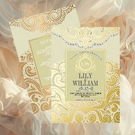 アイボリーエレガントアートデコダイアモンドモノグラ結婚ム 箔招待状