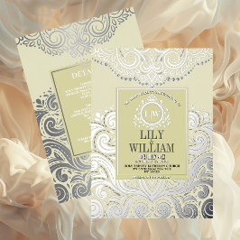 アイボリーエレガントアートデコダイアモンドモノグラ結婚ム 箔招待状