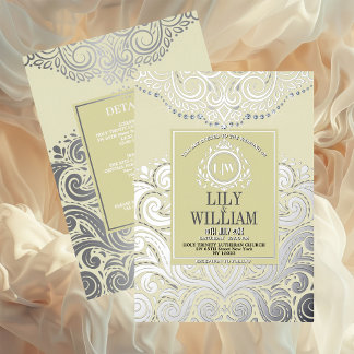 アイボリーエレガントアートデコダイアモンドモノグラ結婚ム 箔招待状