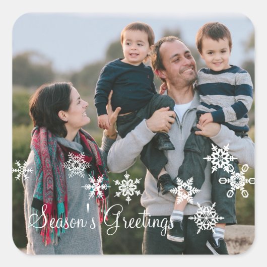 アイボリーエレガントスノーフレークスホリデーフォトシール スクエアシール (正面)