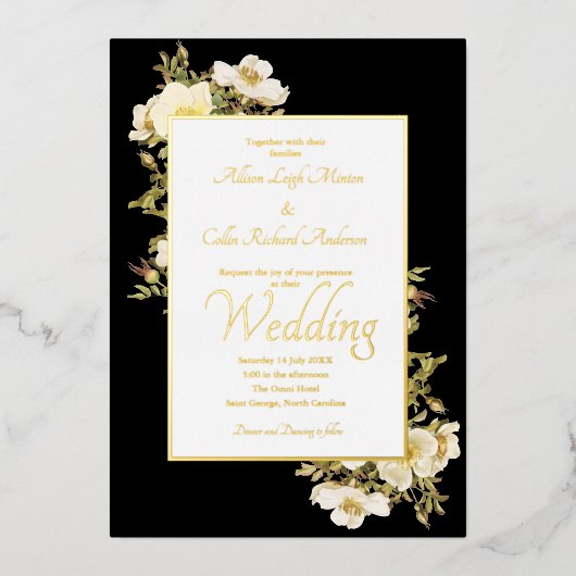 アイボリーエレガントバラブラックラックス 箔招待状 (正面)