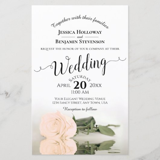 アイボリーエレガントピーチバラバジェット結婚式招待状 (正面)