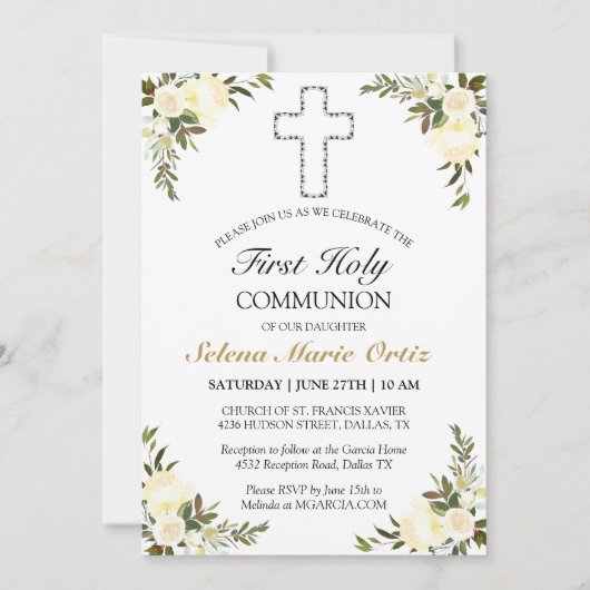 アイボリーエレガントフローラバラファーストホーリーコミュニオン 招待状 (正面)