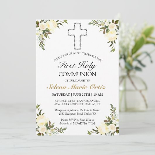 アイボリーエレガントフローラバラファーストホーリーコミュニオン 招待状 (スタンド正面)