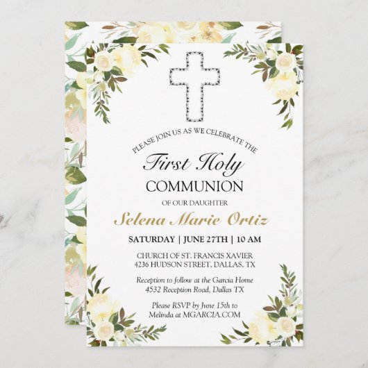 アイボリーエレガントフローラバラファーストホーリーコミュニオン 招待状 (正面/裏面)
