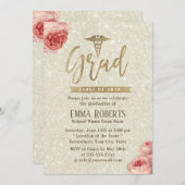 アイボリーエレガントフローラ金ゴールド医療ナース卒業 招待状 (正面/裏面)