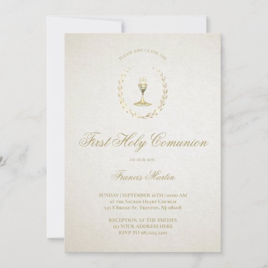 アイボリーエレガントベージュファースト聖餐式 招待状 (正面)