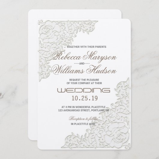 アイボリーエレガントホワイトレースコーナー結婚式招待状 招待状 (正面/裏面)