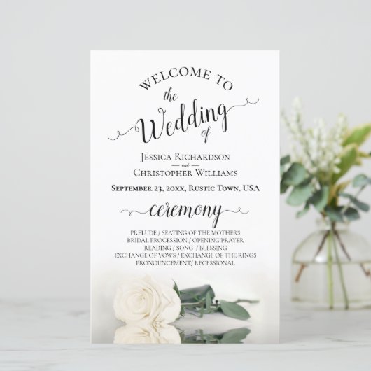 アイボリーエレガントホワイトローズバジェット結婚式 プログラム (スタンド正面)