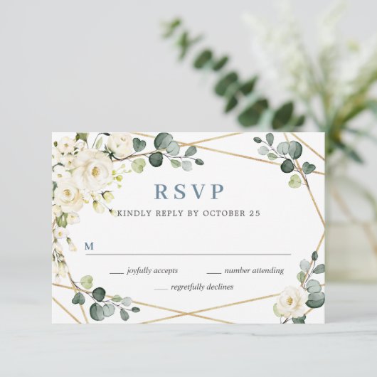 アイボリーエレガントホワイトローズユーカリプタス結婚ズ 出欠カード (スタンド正面)