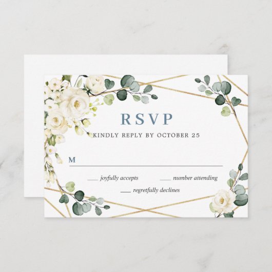 アイボリーエレガントホワイトローズユーカリプタス結婚ズ 出欠カード (正面/裏面)